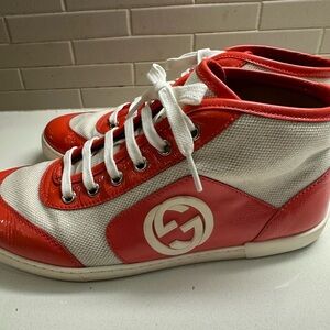 Gucci White and Red High-Top Sneakers with Logo